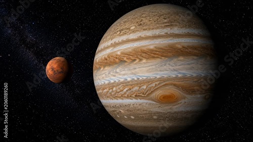 Large gas giant planet floating in deep space beside a smaller celestial body. Astronomy, science and solar system concept.