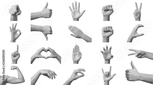 Halftone hand gestures set with various signs and symbols on white background