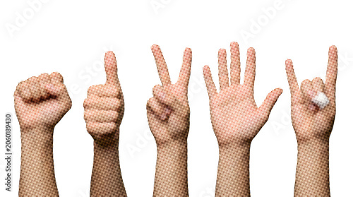 Set of hand gestures in retro halftone pop art style on white background
