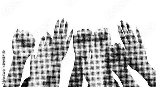 Halftone graphic of raised hands and fists representing protest and unity