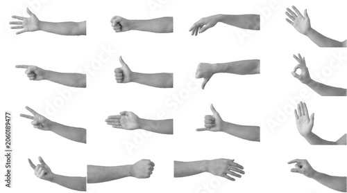 Set of hand gestures in halftone dot pattern style on white background