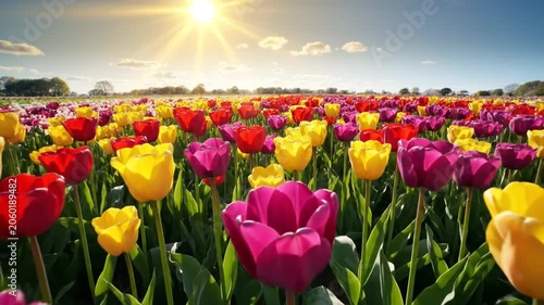 A Vast Field of Colorful Tulips Bathed in Golden Sunlight