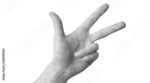 Retro halftone style hand showing number three gesture on white background