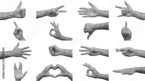 Collection of black and white halftone hand gestures and communication signs