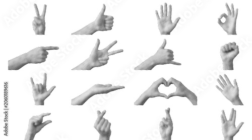 Collection of hand gestures and signs in retro halftone dot pattern style
