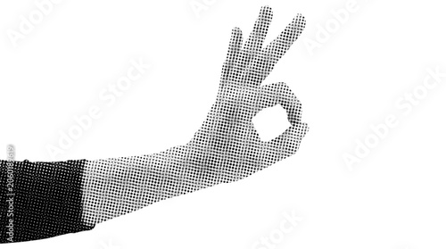 Retro halftone style hand gesture showing OK sign on white background