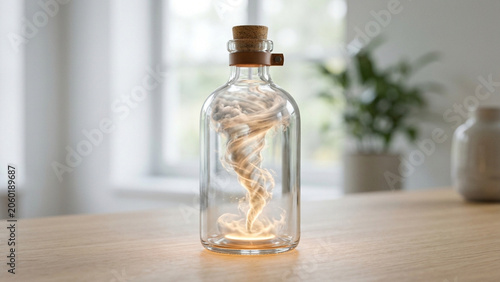 Mini glowing tornado hurricane trapped inside a glass bottle on a table