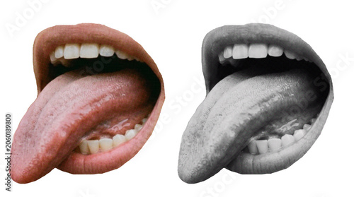 Retro halftone pop art collage elements of open mouth sticking out tongue