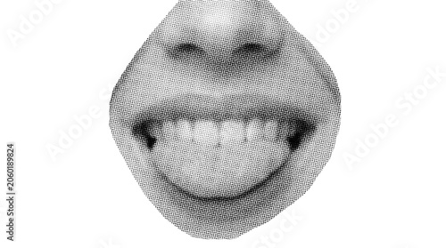 Retro black and white halftone print of a happy smiling face