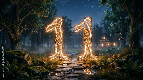 Glowing 11 number made of branches in magical night forest with enchanted cottage