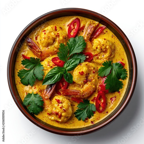 Thai red curry shrimp in bowl with chili cilantro basil
