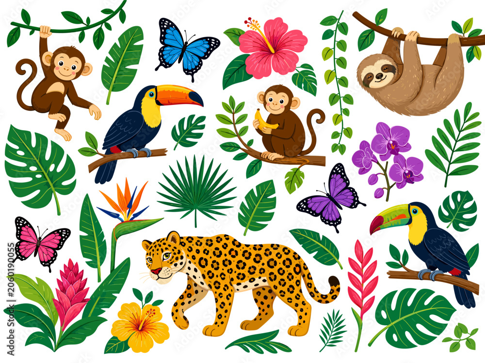 Fototapeta premium Vibrant jungle scene with diverse animals and tropical flora in a playful style