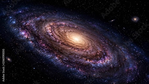 Spiral galaxy glowing in deep space surrounded by stars and cosmic dust. Astronomy, universe exploration and science concept.