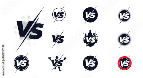 Large set of versus battle logos in various styles including lightning circles and silhouettes for competition and challenge themes.
