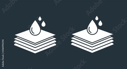 Waterproof fabric layers with water droplets icons showing material resistance and protection against moisture on dark background.