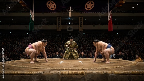 dohyo. Two sumo wrestlers in a tense pre-bout stance on the clay dohyo, dramatic overhead lighting. event key visuals, club posters, designed for sports event promotions and stadium branding.