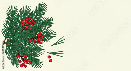 Принти на полотні Christmas Pine Branch with Red Berries and Pine Needles.