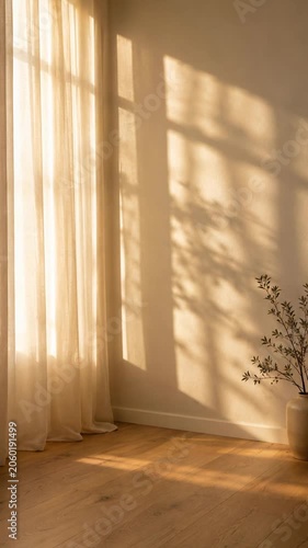 Golden sunlight casting window shadows across a minimalist room with soft curtains. Modern residential interior, comfort and wellness lifestyle concept.