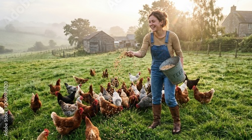 Woman Feeding Heritage Chickens on Misty Farm in Sunrise