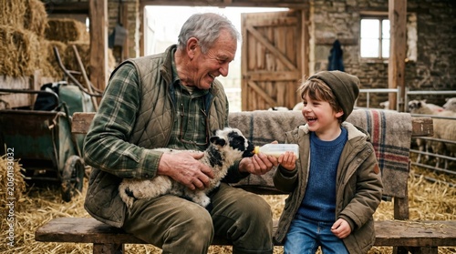 Grandfather and Joyful Grandson Bottle Feeding Lamb in Rustic Farm Setting
