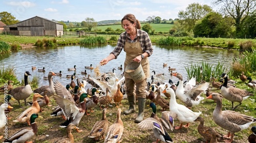 Woman Feeding Mixed Flock of Ducks and Geese by Pond in Rural Landscape