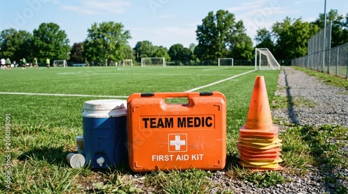 First Aid Kit and Training Equipment on Soccer Field