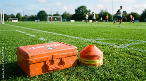 Orange First Aid Kit and Practice Cones on Soccer Field