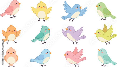 Obraz na płótnie Cute bird cartoon character vector set, colorful little birds collection, isolat