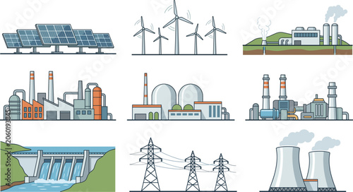 Quadro su tela Power plants and renewable energy vector set, green electricity generation infra