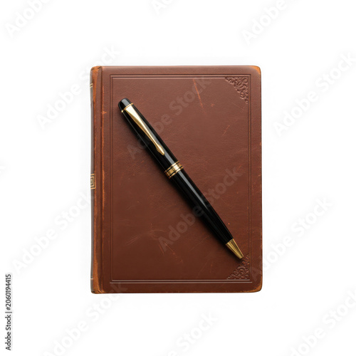 Black fountain pen on top of a brown leather journal