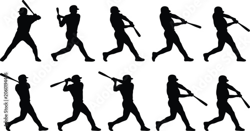 Quadro su tela Baseball batter silhouette vector set, player swinging bat sequence collection,