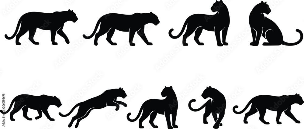 Fototapeta premium Panther silhouette vector set, black cougar and jaguar icons collection, wild predator cats isolated on white background