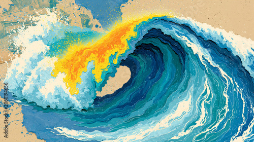 Stylized super El Nino wave graphic glowing yellow layer bloom dynamic ocean flow