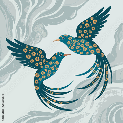 Examination of cyan-hued avian integument featuring orange botanical pigmentation and fluid-dynamic swirling atmospheric currents