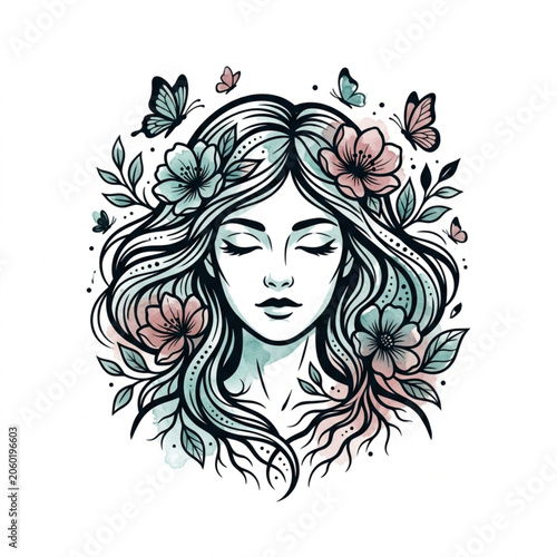 Schilderij op canvas Woman with Flowers and Butterflies in Hair.