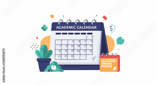 Colorful academic calendar graphic with a potted plant, clock, and sticky note