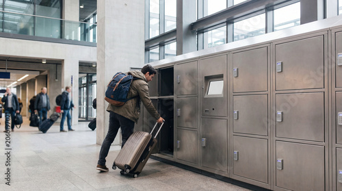 Backpacker placing suitcase into airport locker system showing secure luggage storage layover convenience terminal travel service before city stopover luggage solution station option