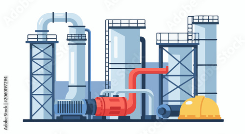 Industrial complex with pipes, towers, a pump, and a hard hat