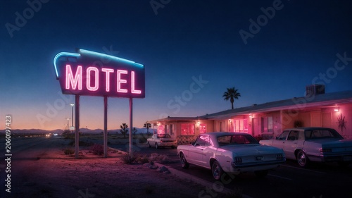 Neon motel sign glowing at night in the desert. Vintage automobile parked outside a roadside lodging with pink lighting. Vacation road trip atmosphere at dusk. Retro travel concept