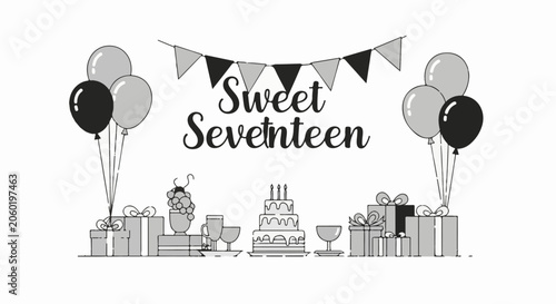 A black and white illustration of a sweet seventeen celebration with balloons, gifts, cake