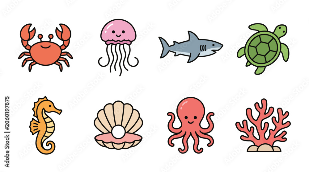Obraz premium Set of cute colorful marine life and sea creature icons