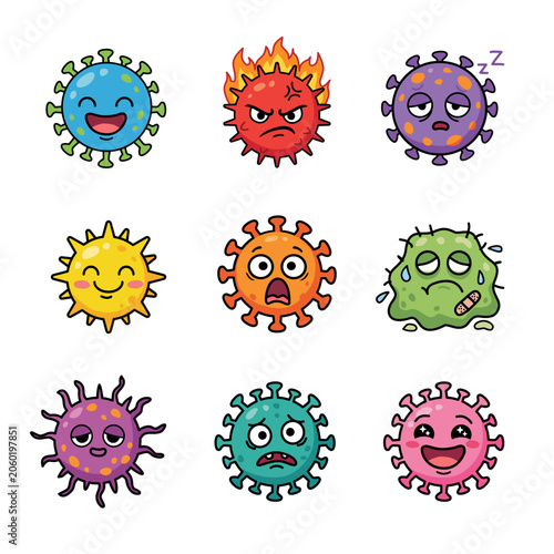 Set of cute cartoon virus characters showing different emotions and conditions including happy, angry, sleepy and sick. Colorful medical mascot collection 