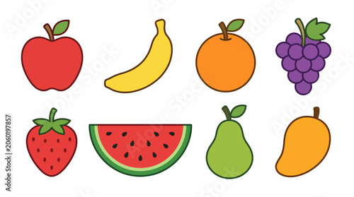 Set of colorful cartoon fruit icons including apple, banana, orange, grapes, strawberry, watermelon, pear, and mango