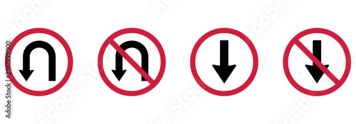 Foto Set of four traffic road signs showing mandatory and prohibited u-turn and downward arrow symbols