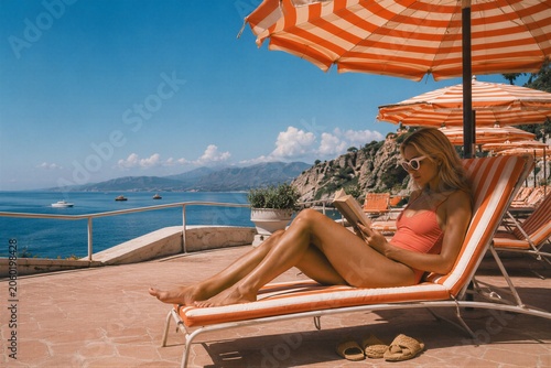 Woman reading book while resting on lounge chair under parasol on Mediterranean terrace. Summer vacation leisure by sea. Coastal travel lifestyle with sunbathing and relaxation concept