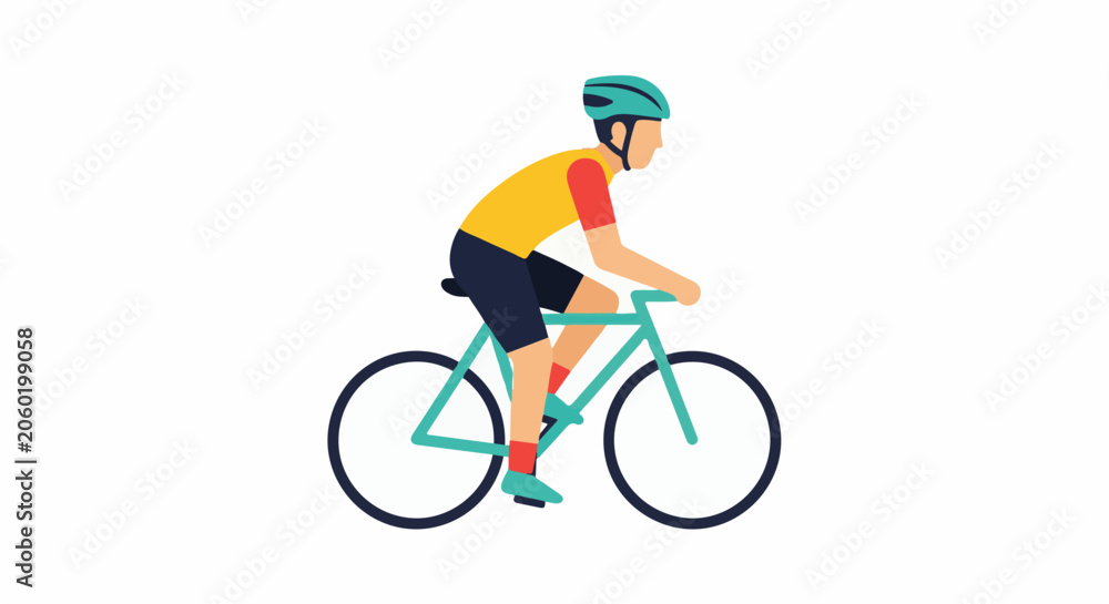 Fototapeta premium A person wearing a yellow and red shirt rides a teal bicycle
