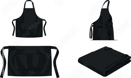 Fotografie Black Chef Apron Mockup Vector Set with Front Side Half Length Waist Style and N