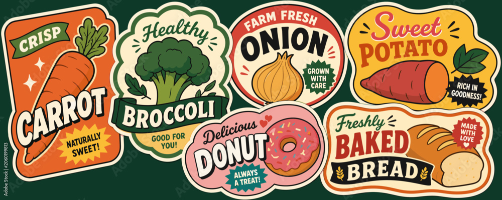 Naklejka premium Collection of vintage-style food labels featuring fresh produce and baked goods