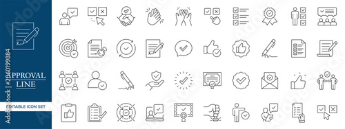 Obraz na plátně Approval Workflow Line Icons Set, Verification Checklist, Validation Audit Compl