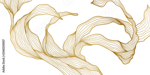 Vector illustration, luxury abstract gold floral line pattern on white background, elegant leaves, flowers, flowing abstract waves, Japanese ornament